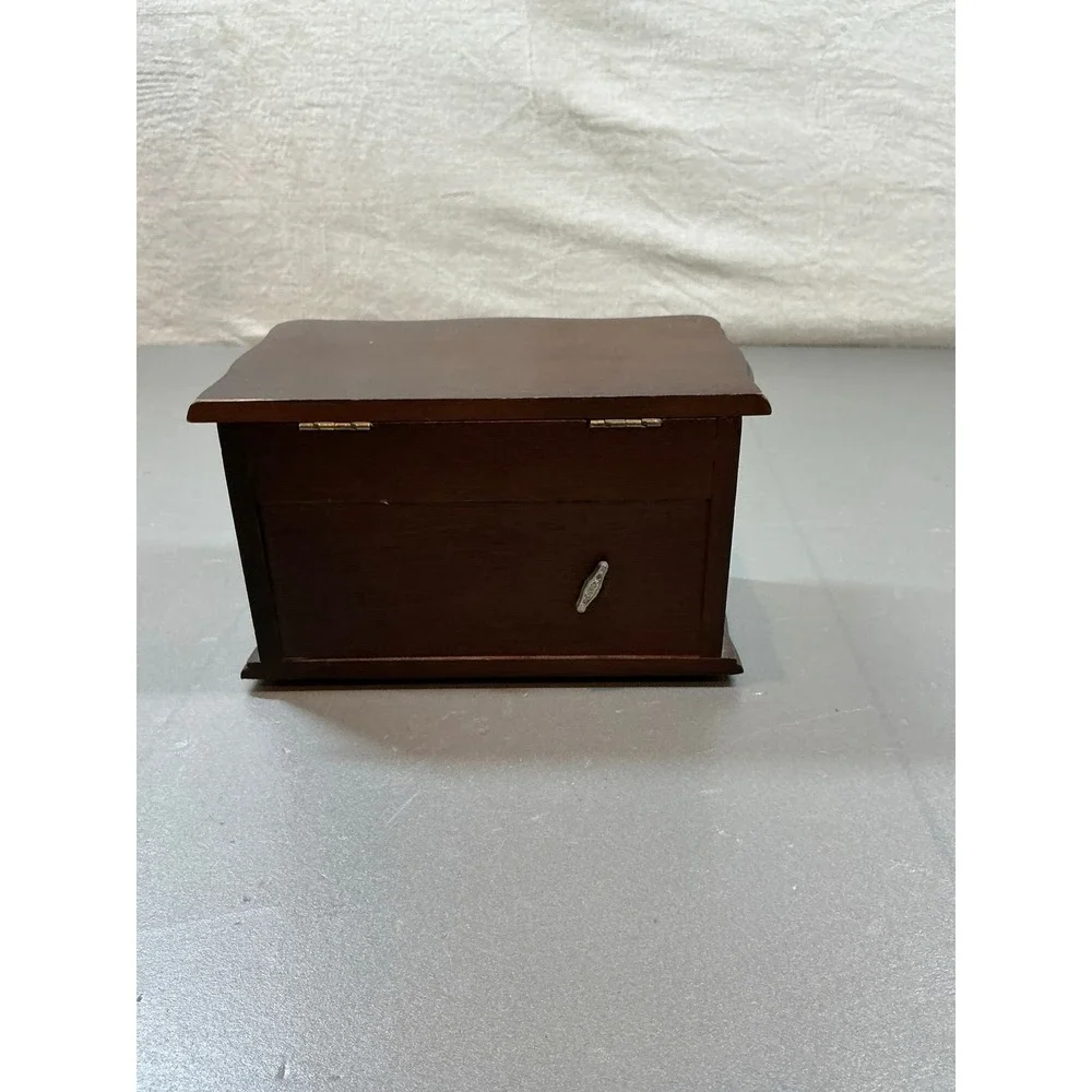 Vintage Illinois Musical Jewelry Box Solid Wood 3 Drawer Mirror Yellow Lining